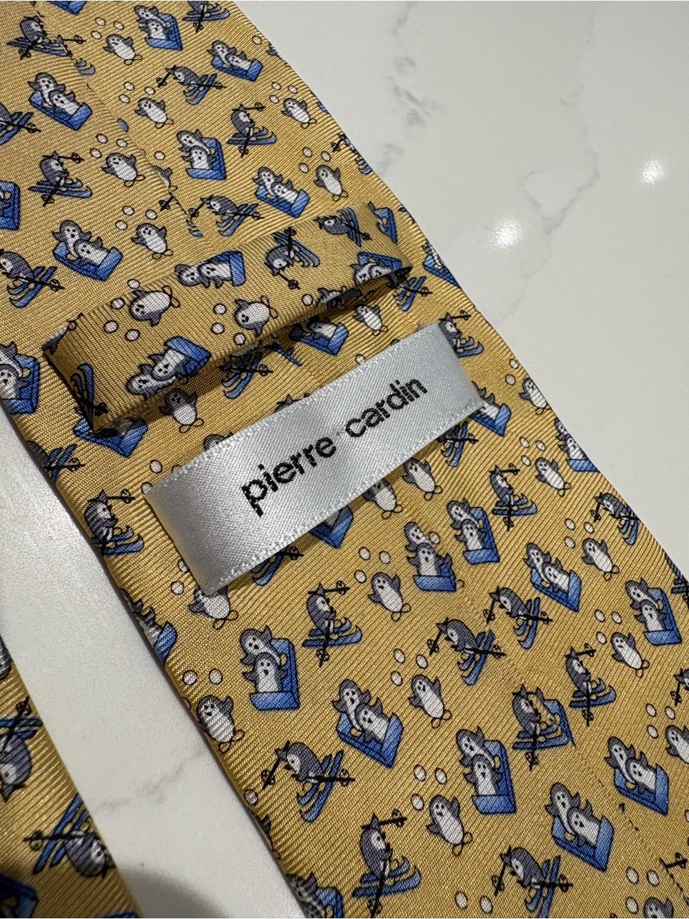 Pierre Cardin Yellow Silk Tie with Blue & White Novelty Motif. Penguins